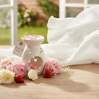 Strawberry Breeze wax melt warmer with fresh strawberries and pink florals