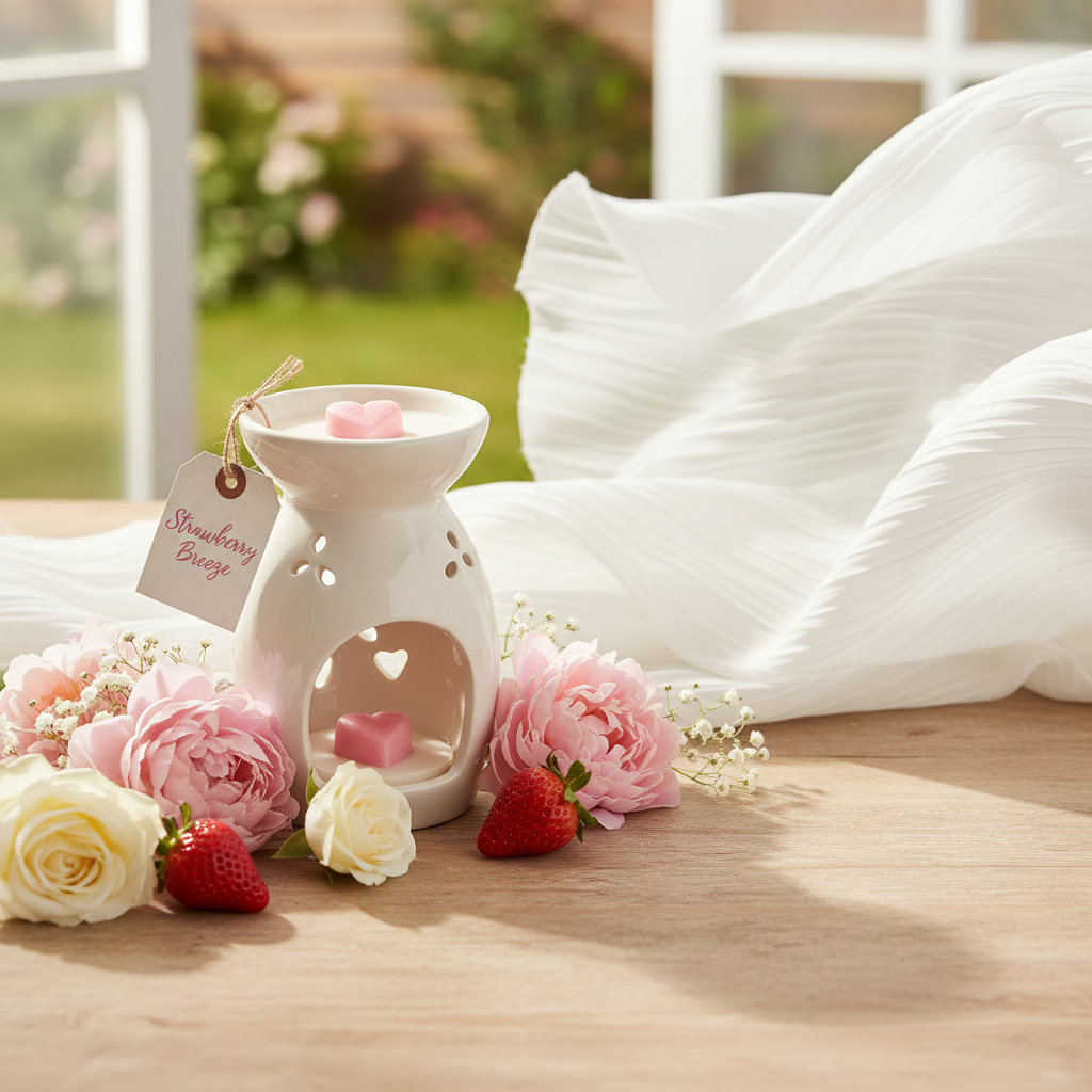 Strawberry Breeze wax melt warmer with fresh strawberries and pink florals